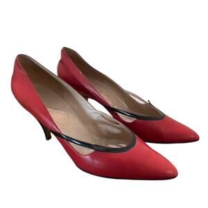Vintage Red Leather Heels with Cutouts Pointed Toe Pumps Italy / 7.5 US -